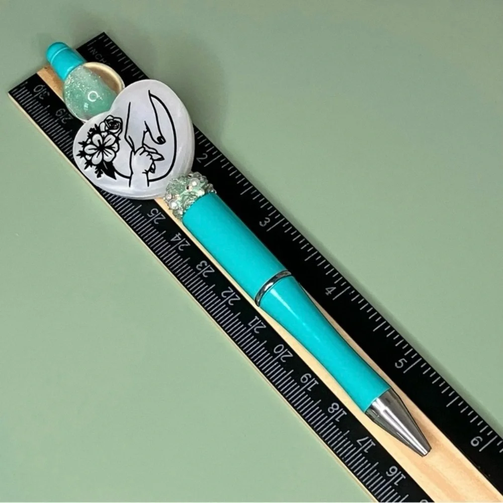 Teal and White Decorative Baby Holding Mother’s Hand Handmade Beaded Pen - Picture 5 of 5